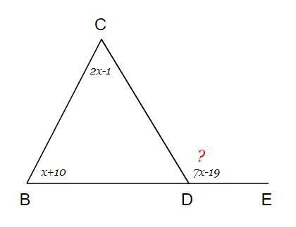 In ABCD, BD is extended through point D to point E, m BCD = (2x – 1)º,mZCDE = (7x-example-1