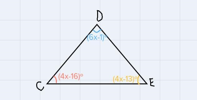 In ACDE, mZC = (4x – 16), m D = (6x - 1)", and mZE = (4x - 13). Find mZC.-example-1