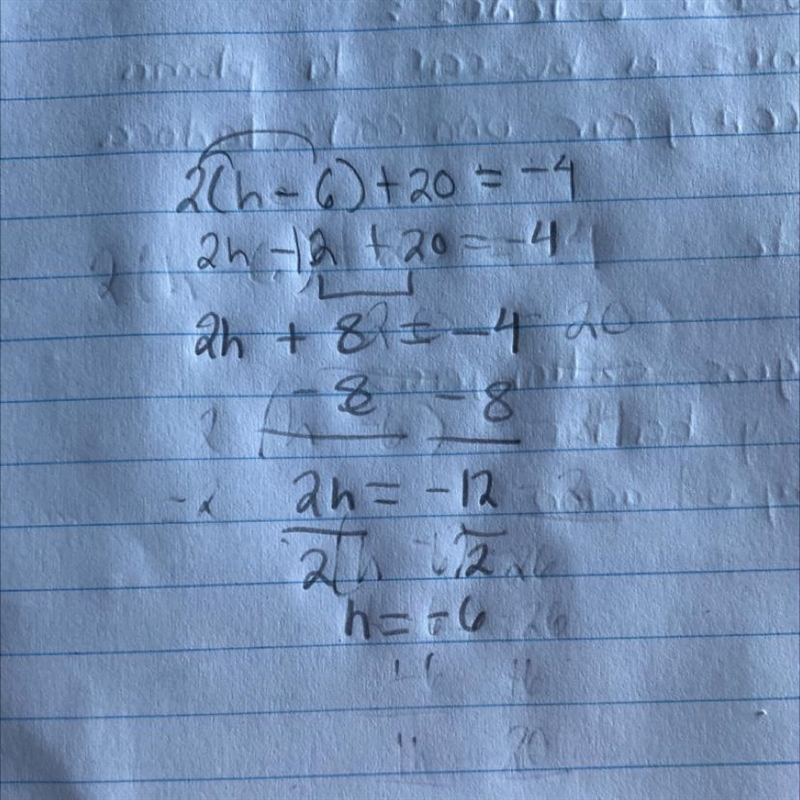 Question 17 2(h - 6) + 20 = -4-example-1