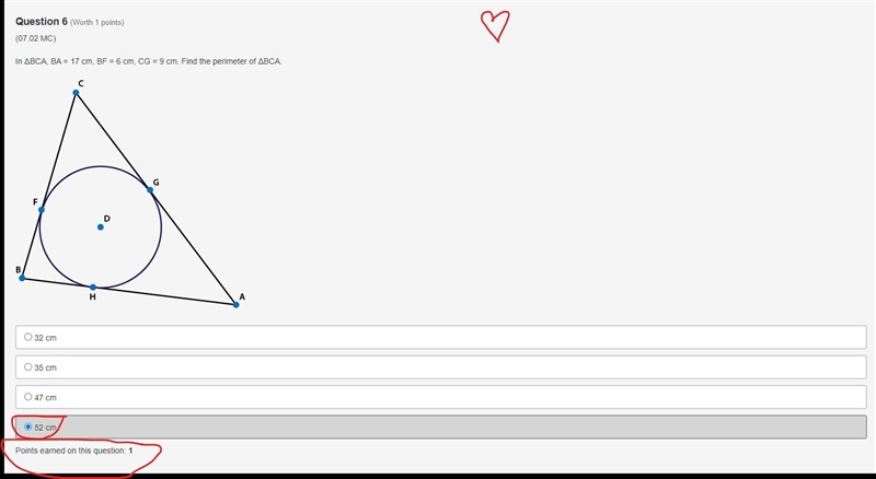 In ΔBCA, BA = 17 cm, BF = 6 cm, CG = 9 cm. Find the perimeter of ΔBCA.-example-2