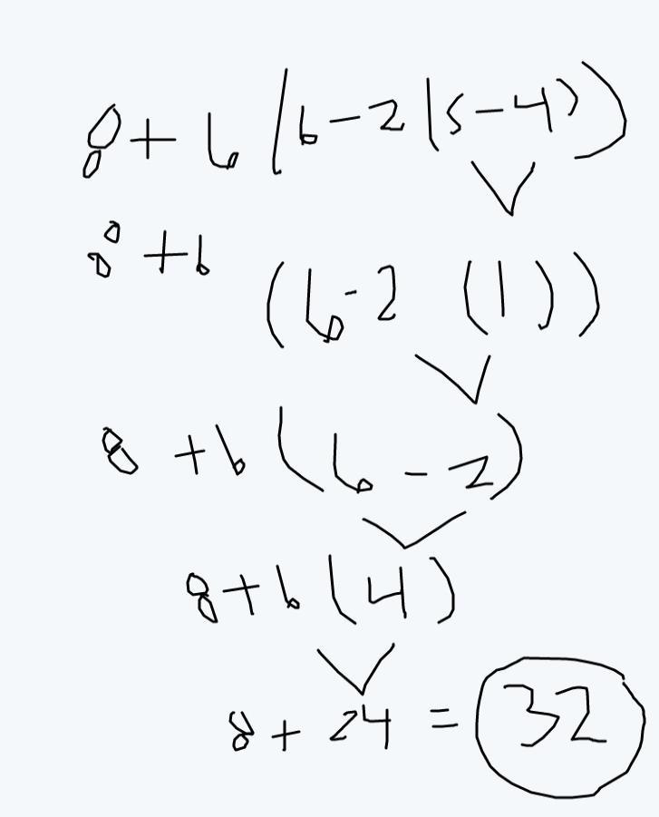 Use the rule for the order of operations to simplify: 8+6(6-2(5-4))-example-1