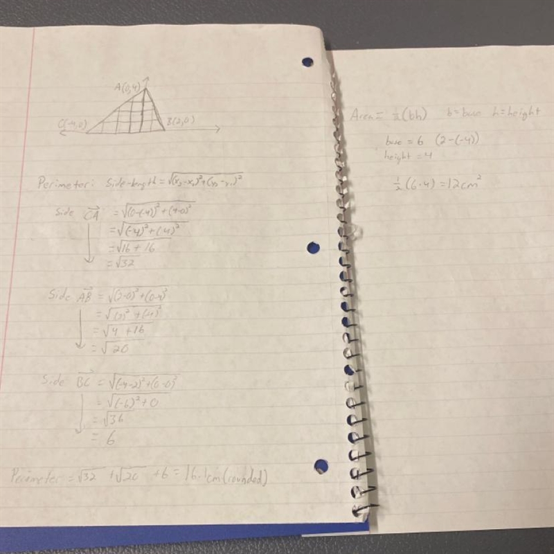 Find the perimeter and area of triangle ABC if each unit on the graph measures 1 centimeter-example-1