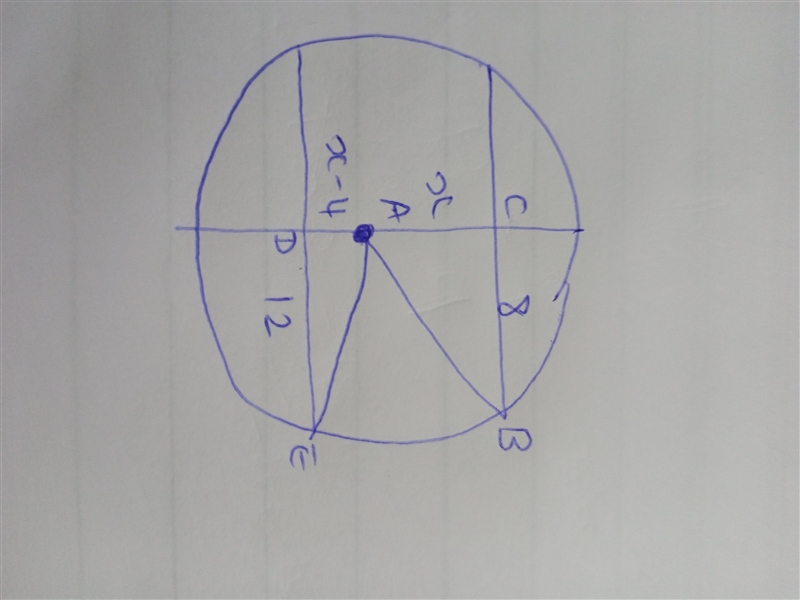 Find the radius of a circle in which a 24 cm chord is 4 cm closer to the center than-example-1