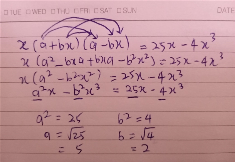 Given that x(a + bx)(a − bx) = 25x - 4x³, find the value of b-ª​-example-1