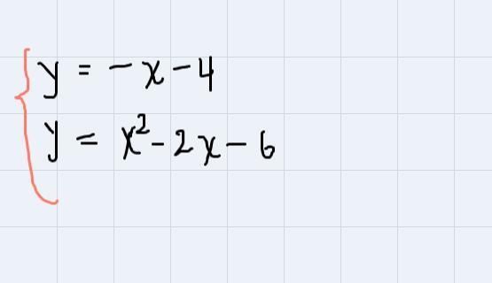 7) Solve the system graphically.y = -X-4y=x² – 2x - 6-example-1