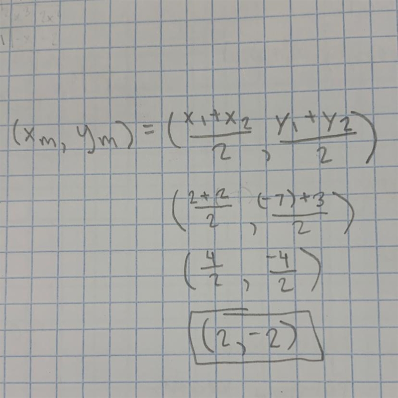 Find the midpoint of the line segment joining points A and B. A(2,- 7); B(2,3)-example-1