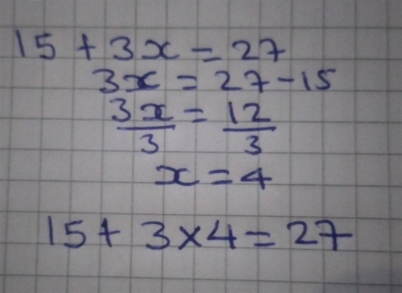 The sum of 15 and three times a number is 27. Find the number.-example-1