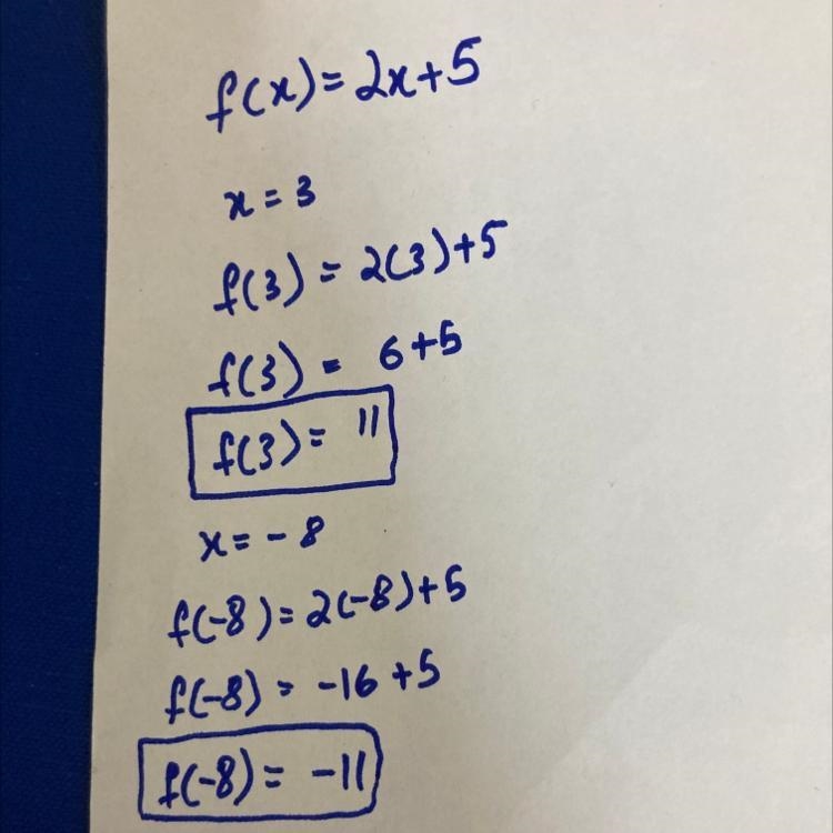 Given f(x)=2x+5 find f(x)if x=3 find f(x) if x=-8-example-1