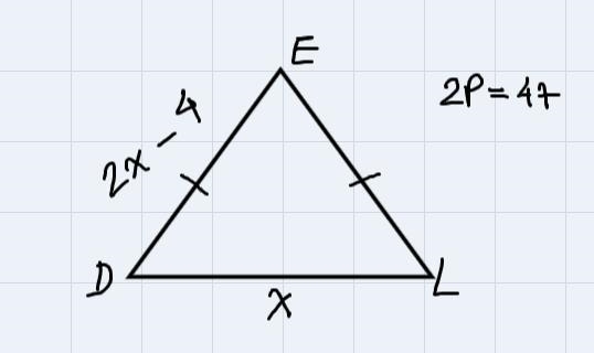 The length of the base of an isosceles triangle is x. The length of a leg is 2x-4. The-example-1