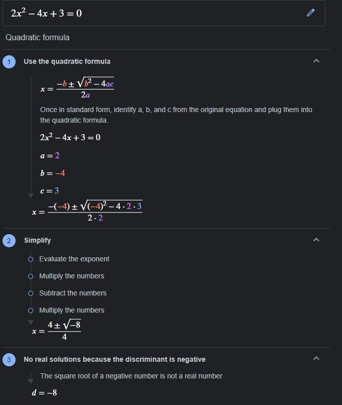 2x^2 – 4x + 3 = 0 Solve using the quadratic formula Please help i tried twice im so-example-1