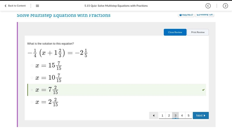 What is the solution to this equation? −14(x+123)=−215 x=15 7/15 x=10 7/15 x=7 2/15 x-example-1