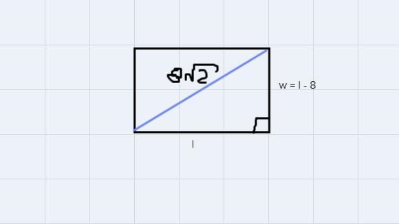 The diagonal of a rectangle measures 8√2 inches. If the width is 8inches less than-example-1