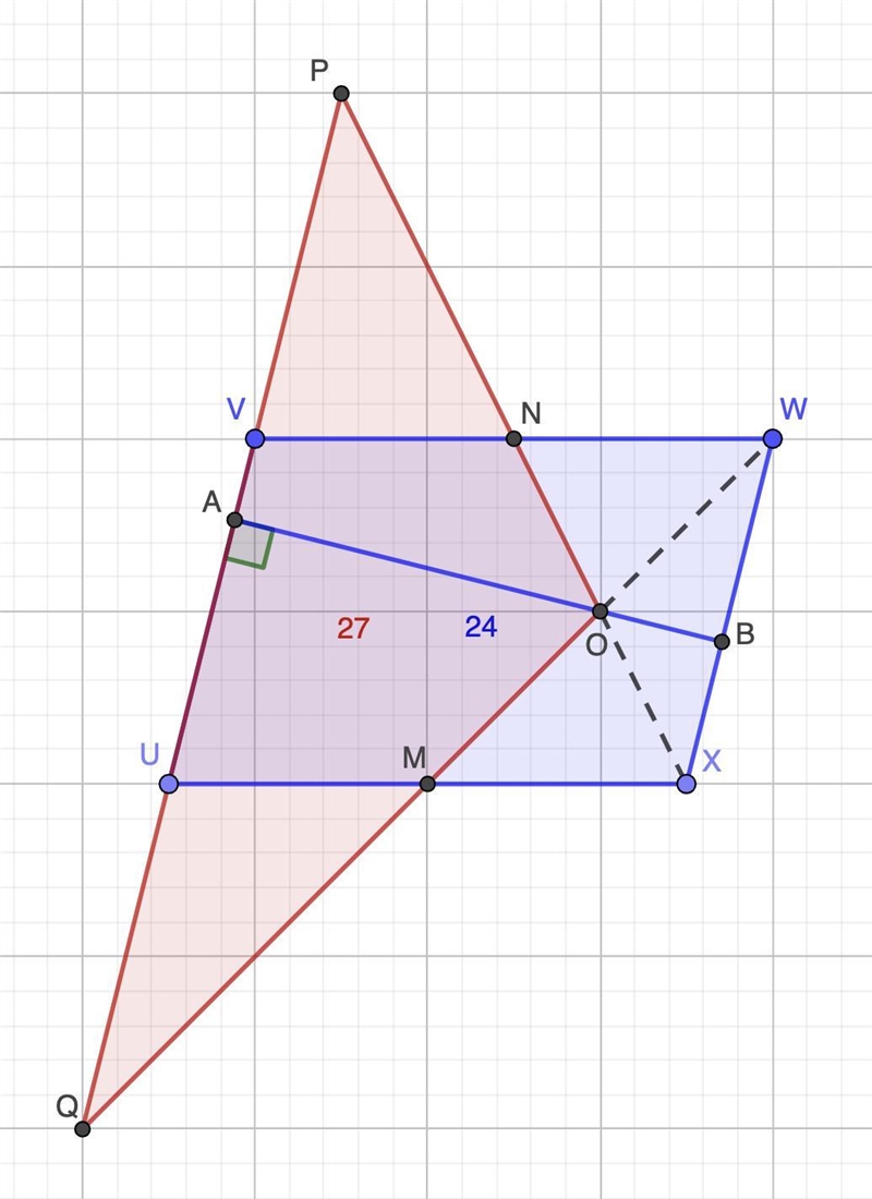 UVWX is a parallelogram with area 24 units. M and N are the midpoints of UX and VW-example-1