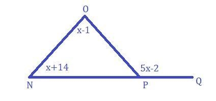 In triangle NOP, NP is extended through point P to point Q, m∠PNO = (x + 14)°, m∠OPQ-example-1