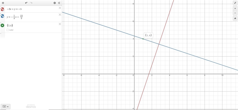 Find the equation of a line perpendicular to - 3x + y = - 5 that contains the point-example-1