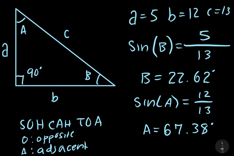 Given the side lengths a=5, b=12, and c=13, find the measures of angles A and B on-example-1