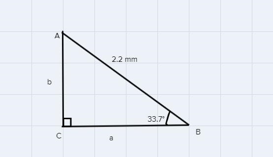 Solve the right triangle.B= 33.7°, c= 2.2 mm, C = 90°Round to one decimal place.Draw-example-1