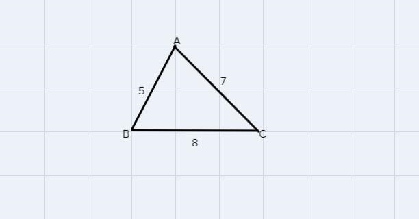 In AABC, AB5, BC8, and AC7. Name the largest angle of AABC-example-1