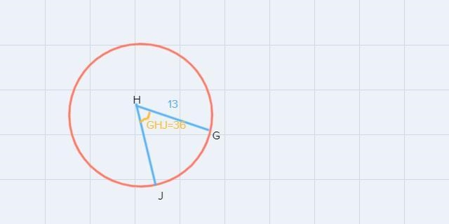 13 units find area of sector GHJ. In circle H with m/GHJ 36 and GH Round to the nearest-example-1