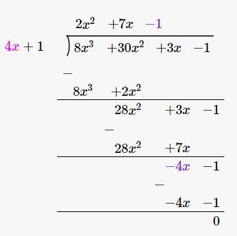 Use the long division method to find the result when 8x3 + 30x2 + 3x – 1 is divided-example-1