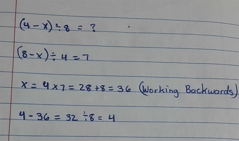 :Constance was asked by her teacher to subtract 4 from a certain number and then divide-example-1