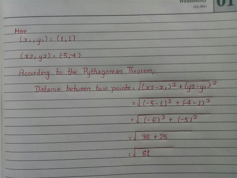 Use the Pythagorean Theorem to find the distance between (1,1) & (-5,-4)-example-1