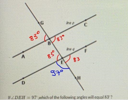 Question 10In the figure below, line pline q.nepDIfZ DEH = 97 which of the following-example-1