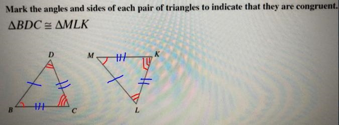 mark the angles and sides of each pair of triangles to indicate that they are congruent-example-1