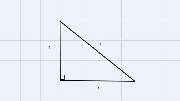 6. A right triangle has legs of 4 and 5. What is the hypotenuse? Show your work.-example-1