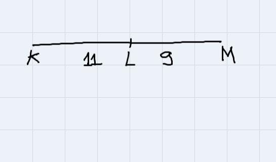 Point Lis on line segment KM. Given KL = 11 and LM = 9, determine thelength KM.-example-1