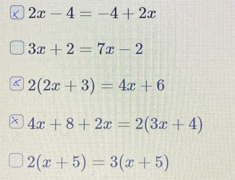 Choose all of the equations that have an infinite number of solutions-example-2