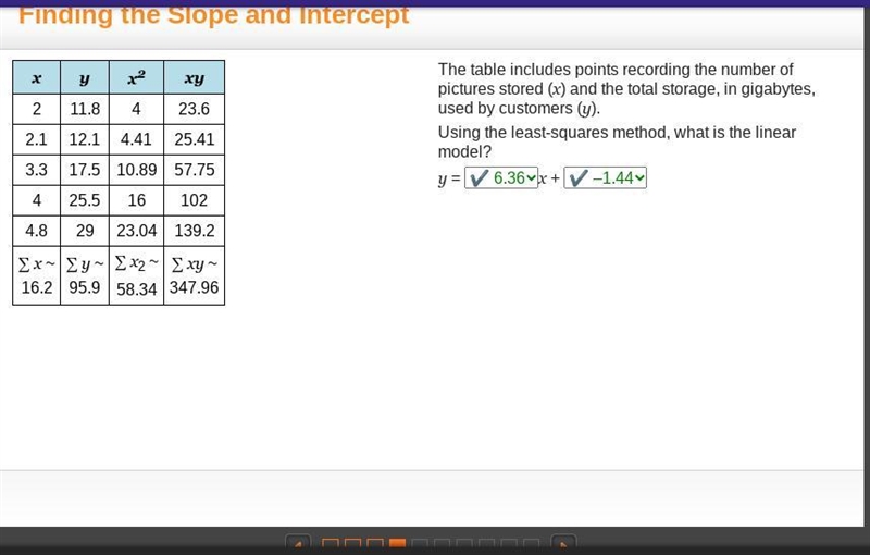 Finding the Slope and Interceptxyx2xy211.8423.62.112.14.4125.413.317.510.8957.75425.5161024.82923.04139.2∑ x-example-1