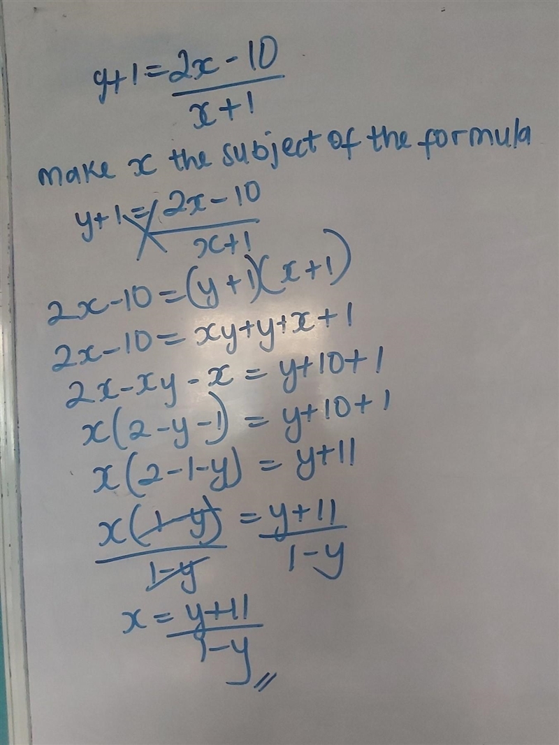 Rearrange the formula below to make x the subject. α y+1=2x - 10/x+1​-example-1