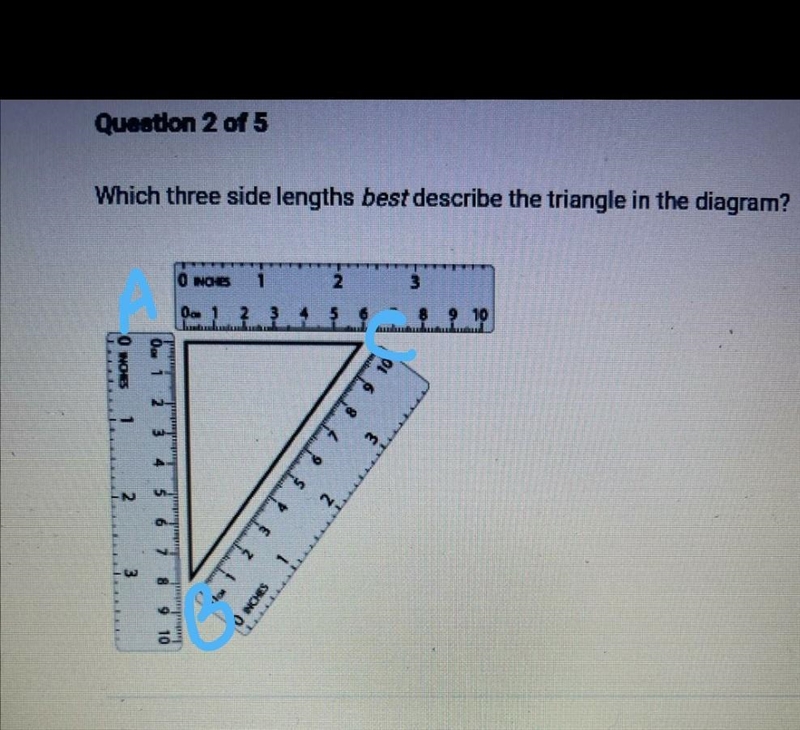 Which three side lengths best describe the triangle in the diagram?-example-1