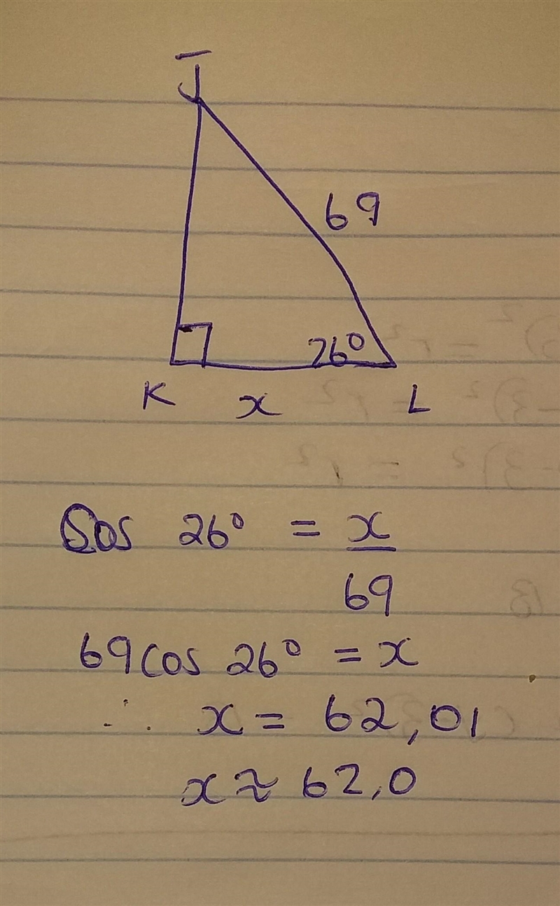 Solve for x. Round to the nearest tenth, if necessary. J K 69 X 26° L.-example-1