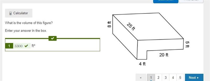 What is the volume of this figure? Enter your answer in the box. ft³ Three-dimensional-example-1