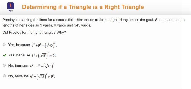 Presley is marking the lines for a soccer field. She needs to form a right triangle-example-1