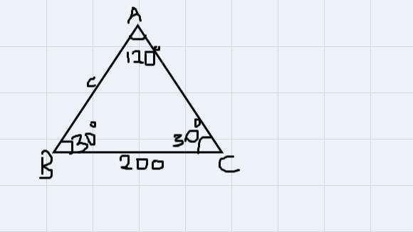 Given a= 200 and angle A=120 , angle B=30 , what does c= ?-example-1