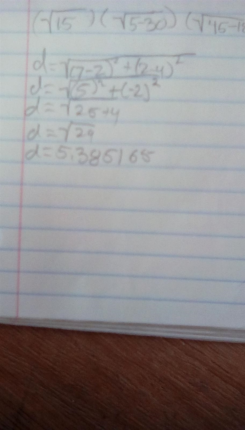 Question Find the distance between the two points. (2, 4), (7, 2) The distance between-example-1