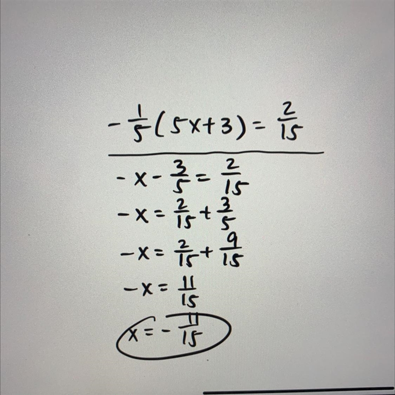 Solve for x -1/5(5x+3)= 2/15-example-1