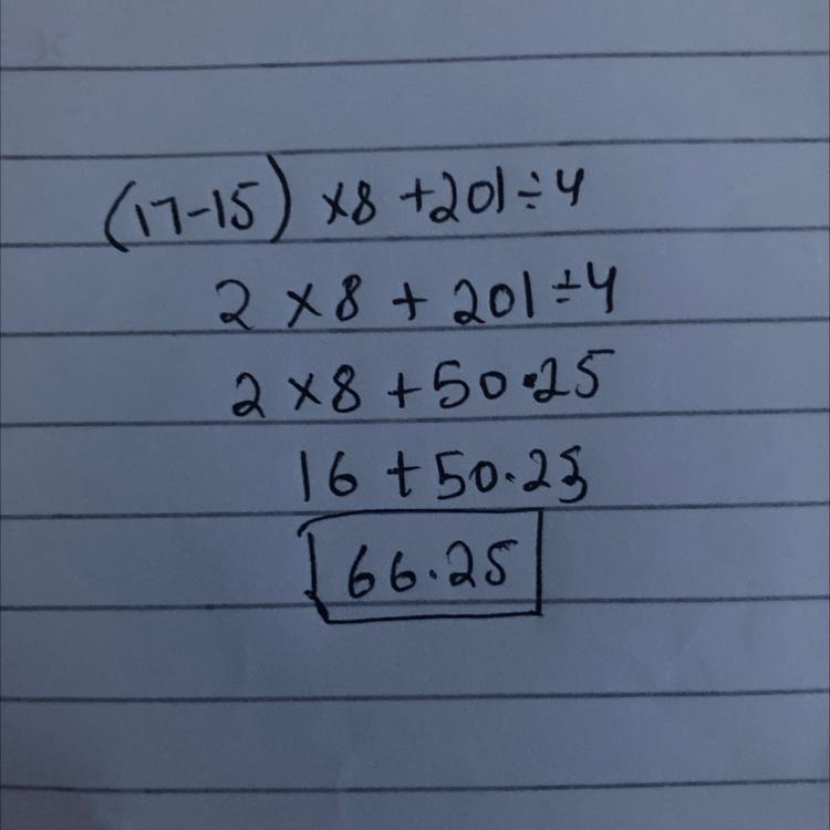 (17 - 15) × 8 + 201 ÷ 4-example-1