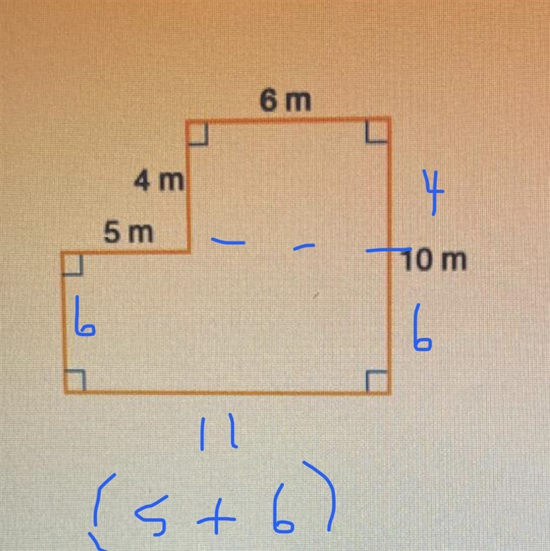 . Find the area and perimeter of the shape. 4 m 5m Perimeter: Area: 6 m 10 m m² m-example-1