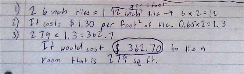 How much would it cost to tile a room that is 279 square feet If each 6 inch tile-example-1