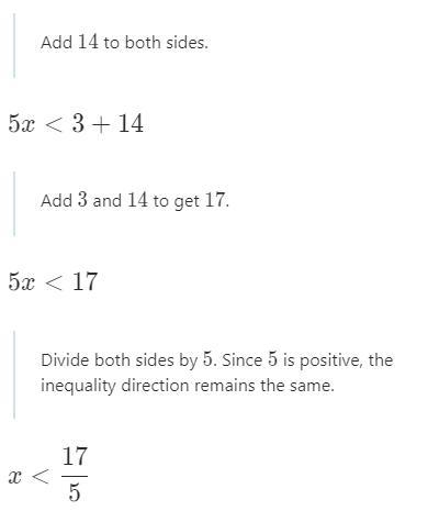 Solve for x 7(x-2) < 2x +3 Give your answer as an improper fraction in its simplest-example-2