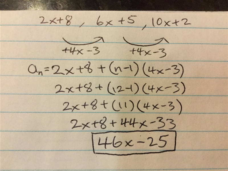 Find the 12th term of the arithmetic sequence 2x + 8,6x + 5, 10x + 2, ...-example-1