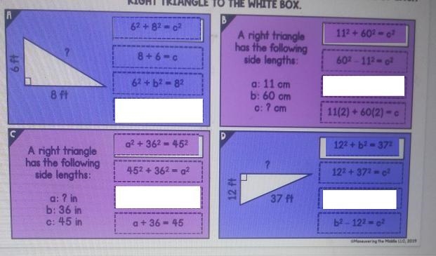 DRAG THE EQUATION THAT COULD BE USED TO FIND THE MISSING SIDE LENGTH OF EACH RIGHT-example-1