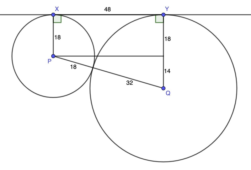 Circles P and Q are externally tangent to each other and have radii 18 meters and-example-1