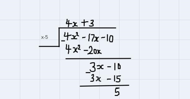 Long division (4x^2 -17x-10)/(x-5)-example-1