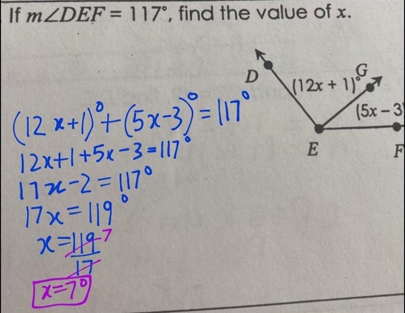 If mZDEF= 117°, find the value of x.-example-1