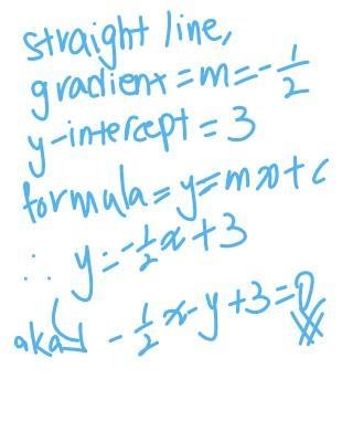 A straight line has gradient - 1/2 and y-intercept 3. Write the equation of the line-example-1